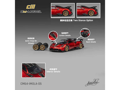 Pagani Imola Red Metallic with Carbon Top and Stripes with Extra Wheels 1/64 Diecast Model Car by CM Model Cartsfy Inc.