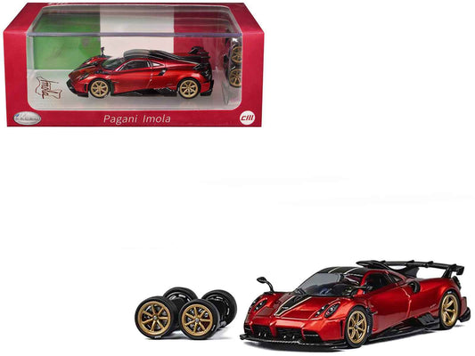 Pagani Imola Red Metallic with Carbon Top and Stripes with Extra Wheels 1/64 Diecast Model Car by CM Model Cartsfy Inc.