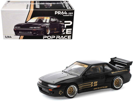 Black 1/64 diecast model car with gold stripes, Pop Race, front three-quarter view