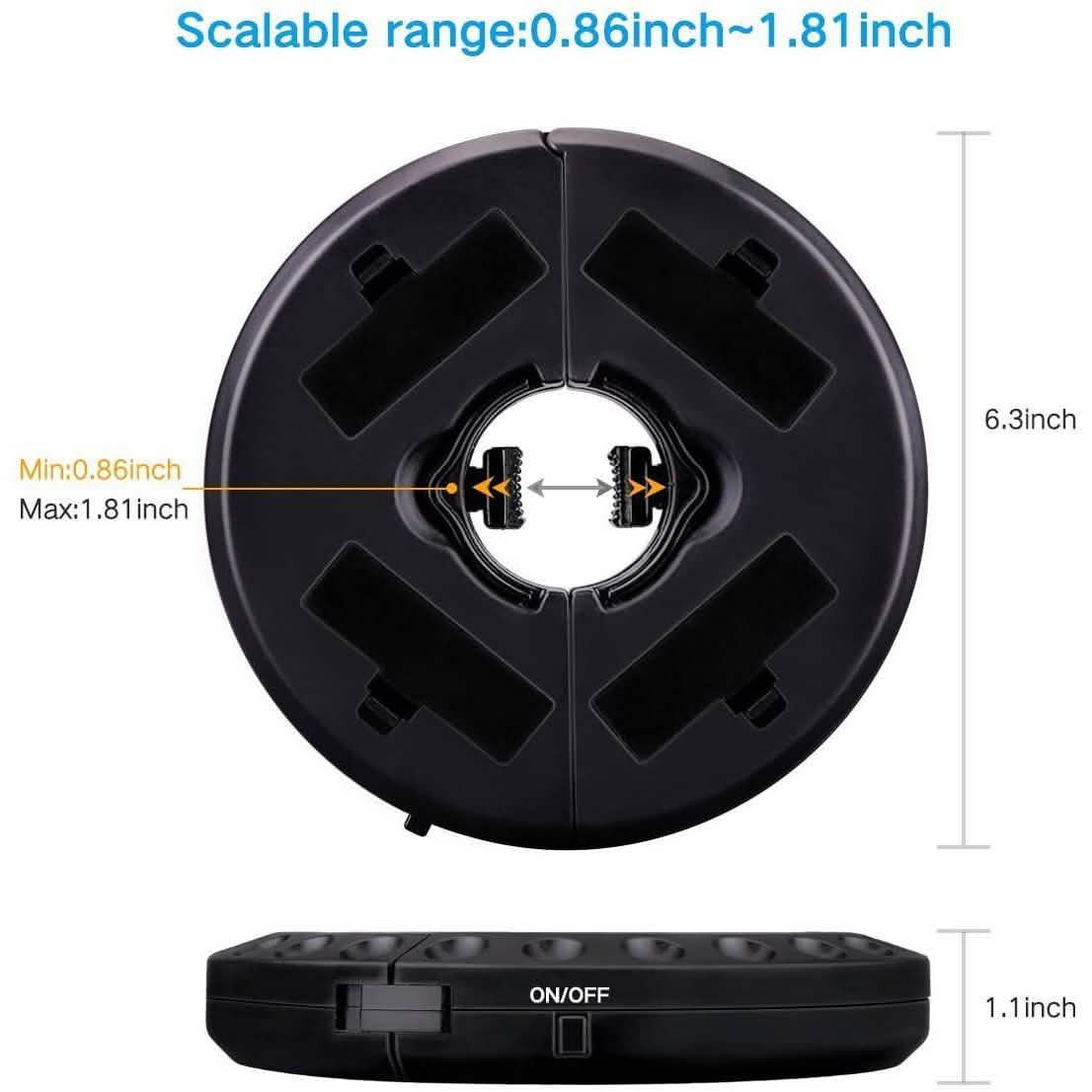 Umbrella LED light battery base with clamp arms and size scale markings
