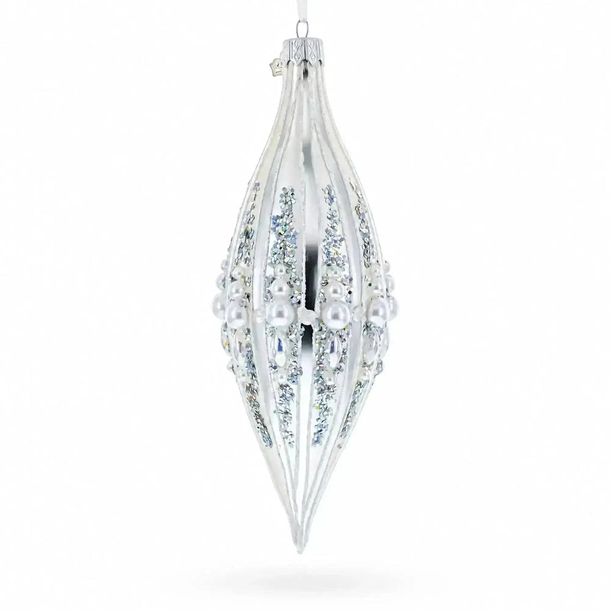 Pearl and Glitter Jeweled Elongated Pointed Teardrop Finial Glass Christmas Ornament Cartsfy Inc.