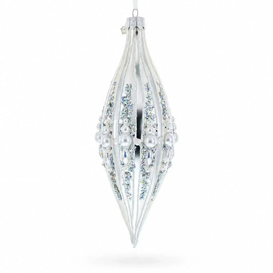 Pearl and Glitter Jeweled Elongated Pointed Teardrop Finial Glass Christmas Ornament Cartsfy Inc.