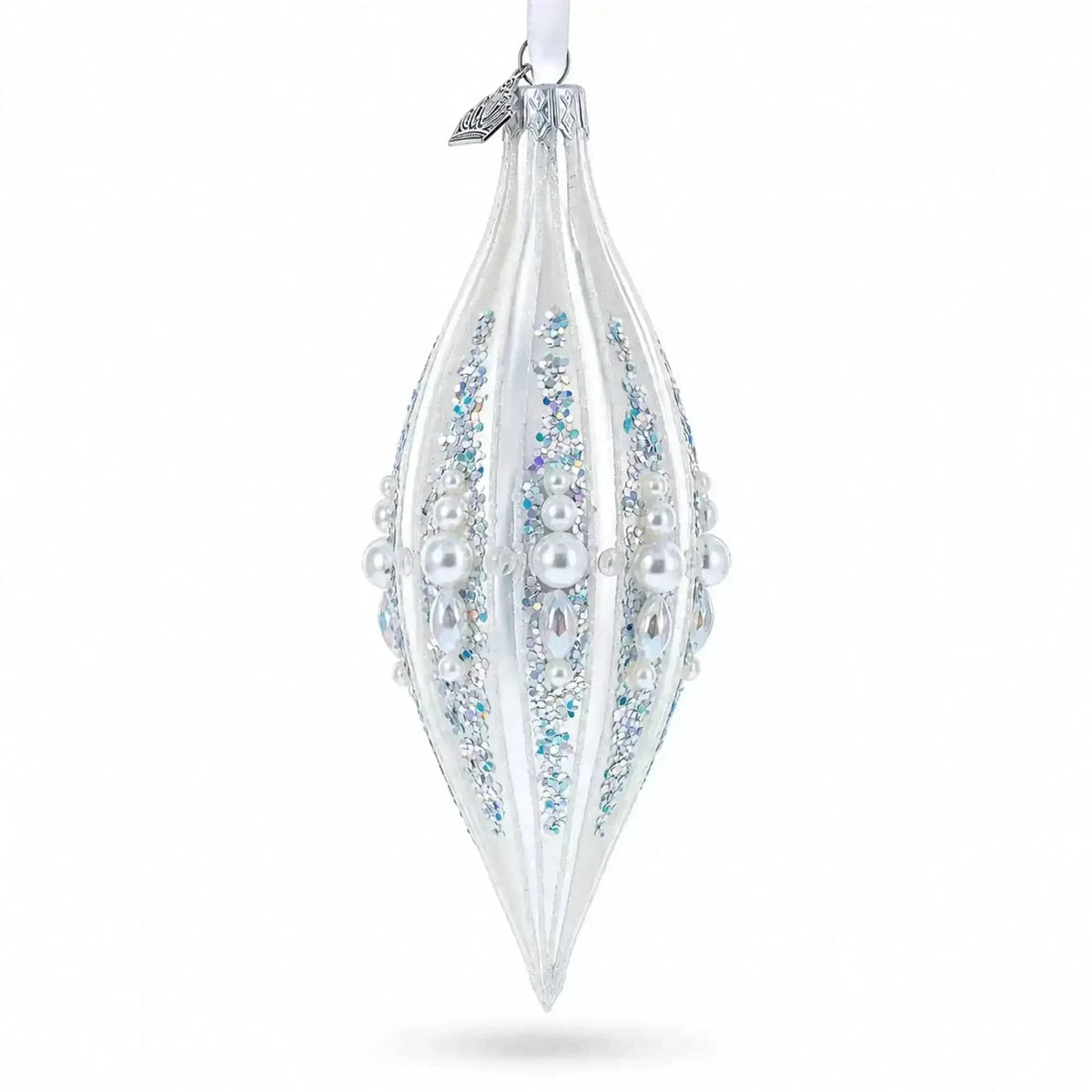 Pearl and Glitter Jeweled Elongated Pointed Teardrop Finial Glass Christmas Ornament Cartsfy Inc.