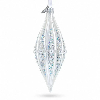 Pearl and Glitter Jeweled Elongated Pointed Teardrop Finial Glass Christmas Ornament Cartsfy Inc.