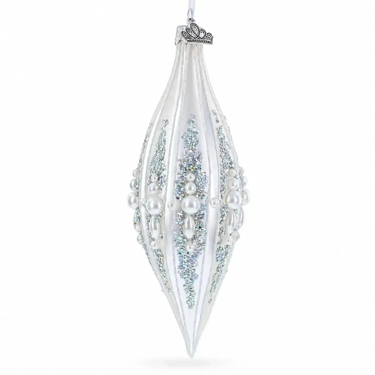 Pearl and Glitter Jeweled Elongated Pointed Teardrop Finial Glass Christmas Ornament Cartsfy Inc.