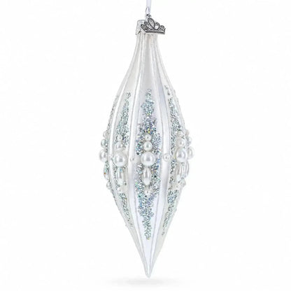 Pearl and Glitter Jeweled Elongated Pointed Teardrop Finial Glass Christmas Ornament Cartsfy Inc.