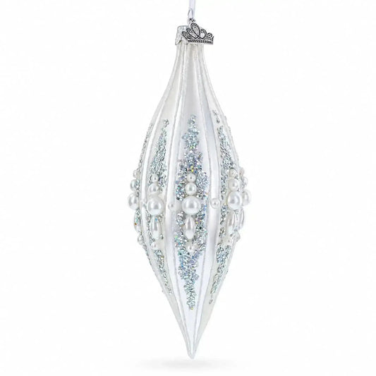 Pearl and Glitter Jeweled Elongated Pointed Teardrop Finial Glass Christmas Ornament Cartsfy Inc.
