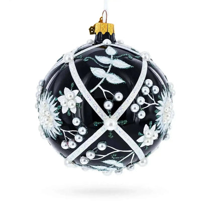 Pearl-Encrusted White Floral Design on Black Glass Ball Christmas Ornament 4 Inches Cartsfy Inc.