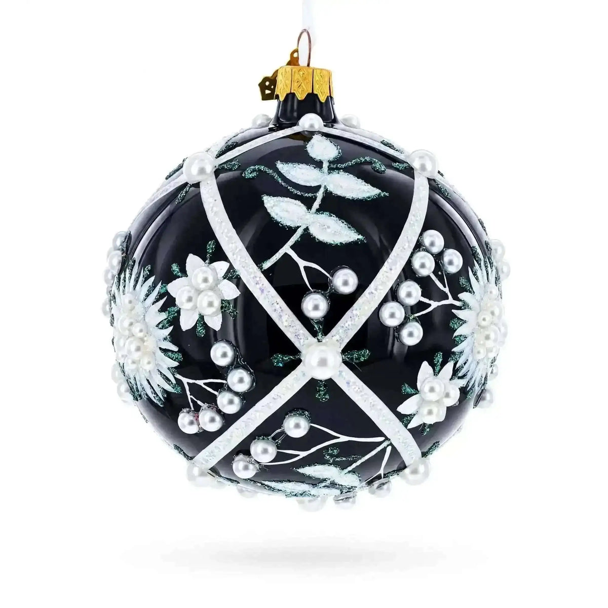 Pearl-Encrusted White Floral Design on Black Glass Ball Christmas Ornament - 4 Inches Cartsfy Inc.