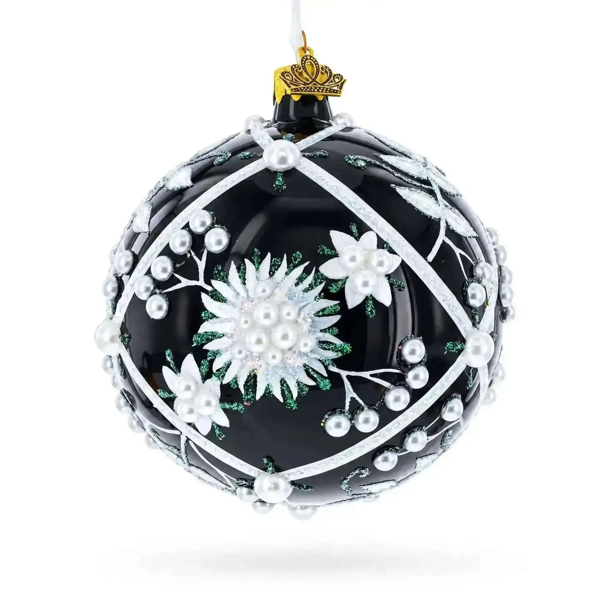 Pearl-Encrusted White Floral Design on Black Glass Ball Christmas Ornament - 4 Inches Cartsfy Inc.