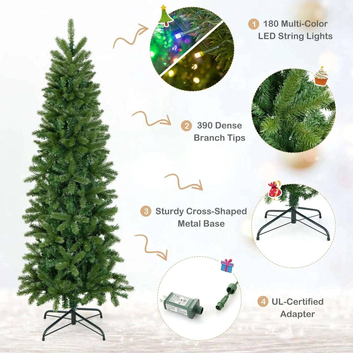 Pencil Christmas Tree with 180 Warm White and Multi-color LED Lights Cartsfy Inc.