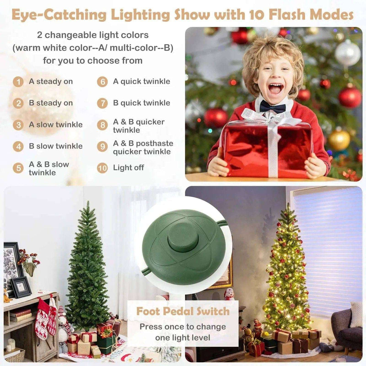 Pencil Christmas Tree with 180 Warm White and Multi-color LED Lights Cartsfy Inc.