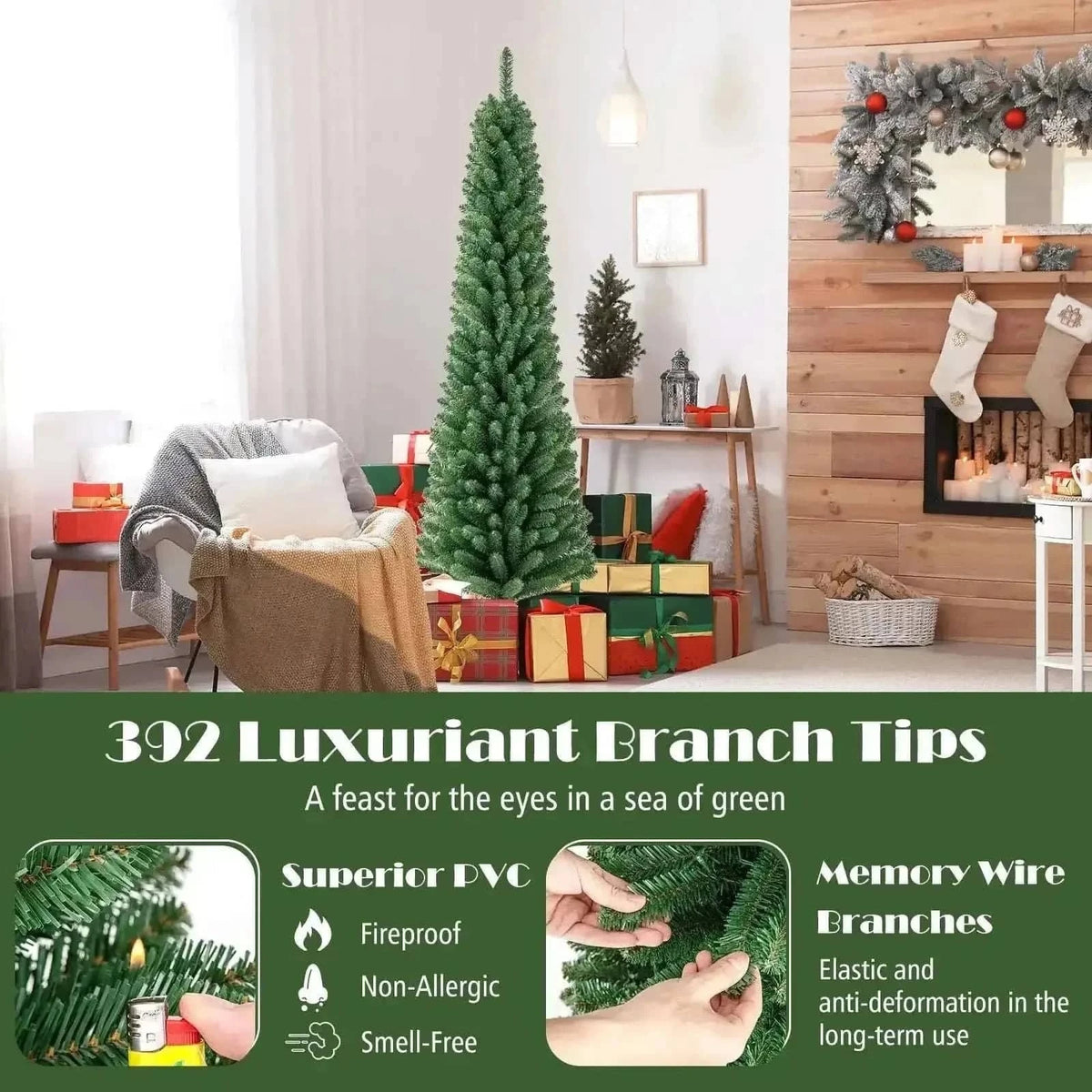 Pencil Christmas Tree with Memory Wire Branch Tips and Warm LED Lights Cartsfy Inc.