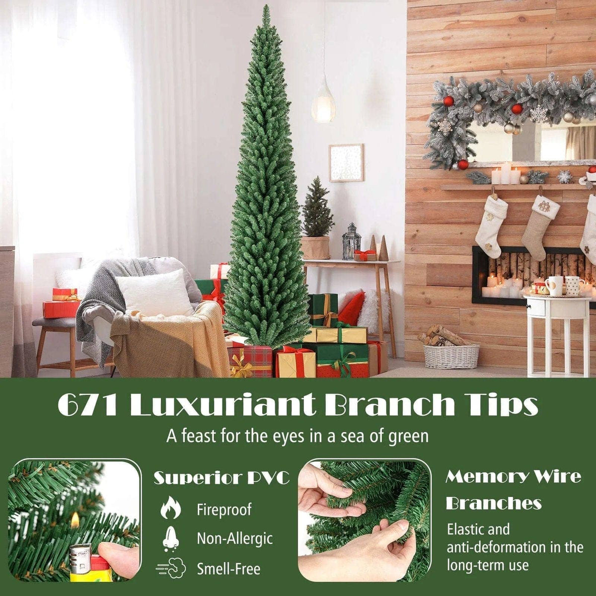 Pencil Christmas Tree with Memory Wire Branch Tips and Warm LED Lights DirectDeals 7FT 5FT 6FT 7FT-5FT-6FT-8FT-