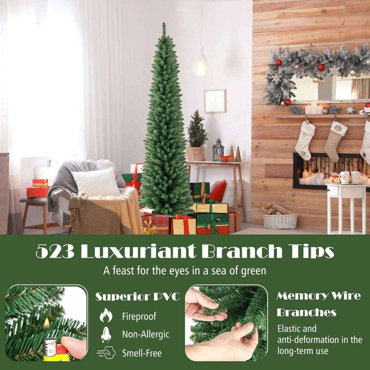 Pencil Christmas Tree with Memory Wire Branch Tips and Warm LED Lights DirectDeals 7FT 5FT 6FT 7FT-5FT-6FT-8FT-
