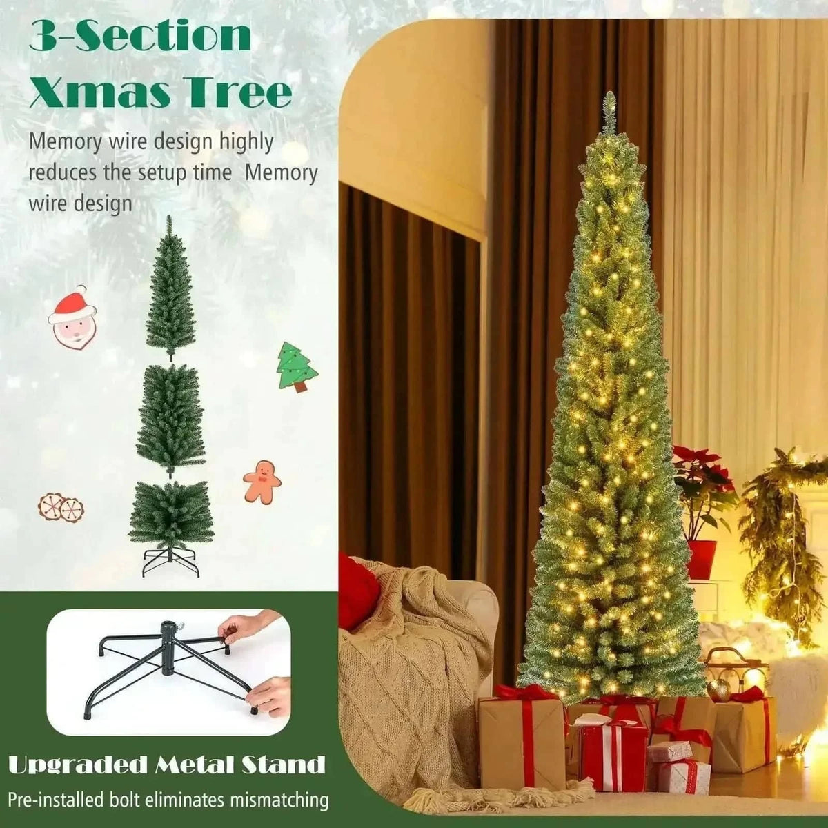 Pencil Christmas Tree with Memory Wire Branch Tips and Warm LED Lights Cartsfy Inc.