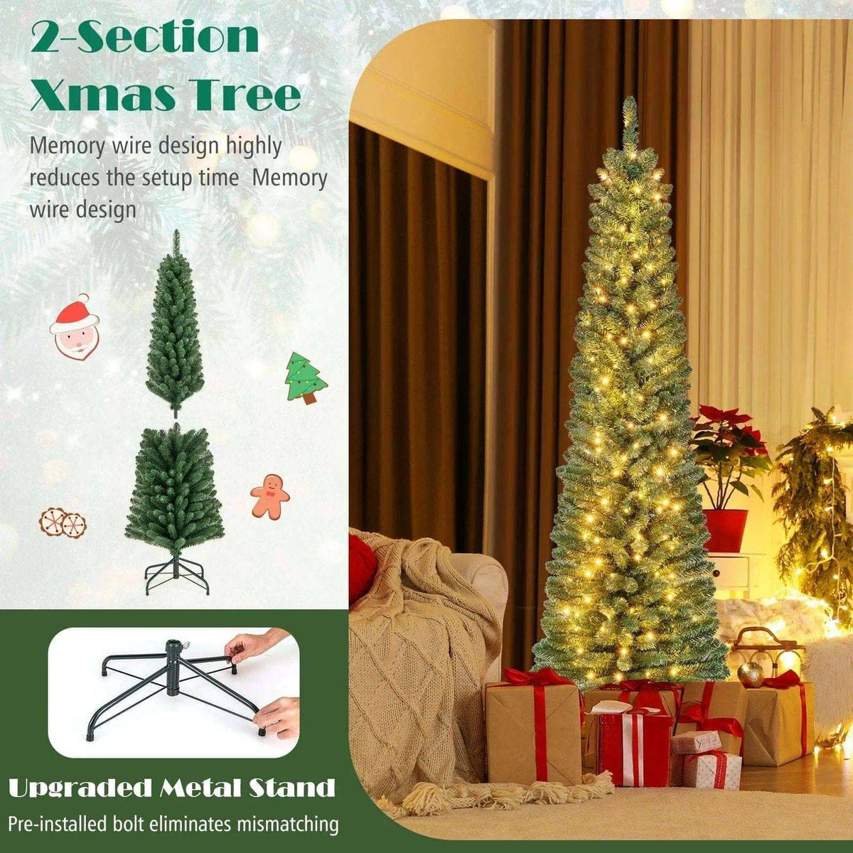 Pencil Christmas Tree with Memory Wire Branch Tips and Warm LED Lights DirectDeals 7FT 5FT 6FT 7FT-5FT-6FT-8FT-