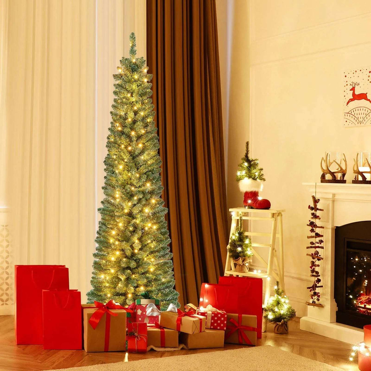 Pencil Christmas Tree with Memory Wire Branch Tips and Warm LED Lights DirectDeals 7FT 5FT 6FT 7FT-5FT-6FT-8FT-