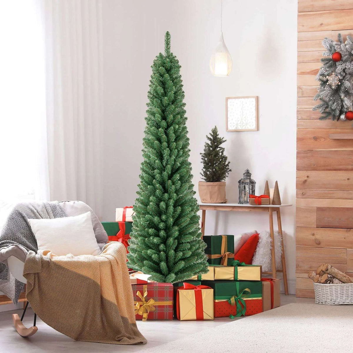 Pencil Christmas Tree with Memory Wire Branch Tips and Warm LED Lights DirectDeals 7FT 5FT 6FT 7FT-5FT-6FT-8FT-