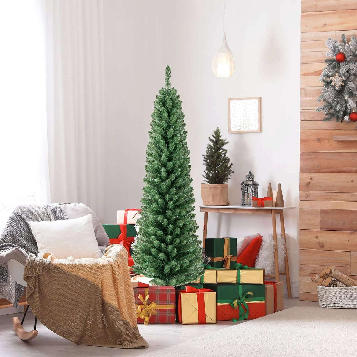 Pencil Christmas Tree with Memory Wire Branch Tips and Warm LED Lights DirectDeals 7FT 5FT 6FT 7FT-5FT-6FT-8FT-