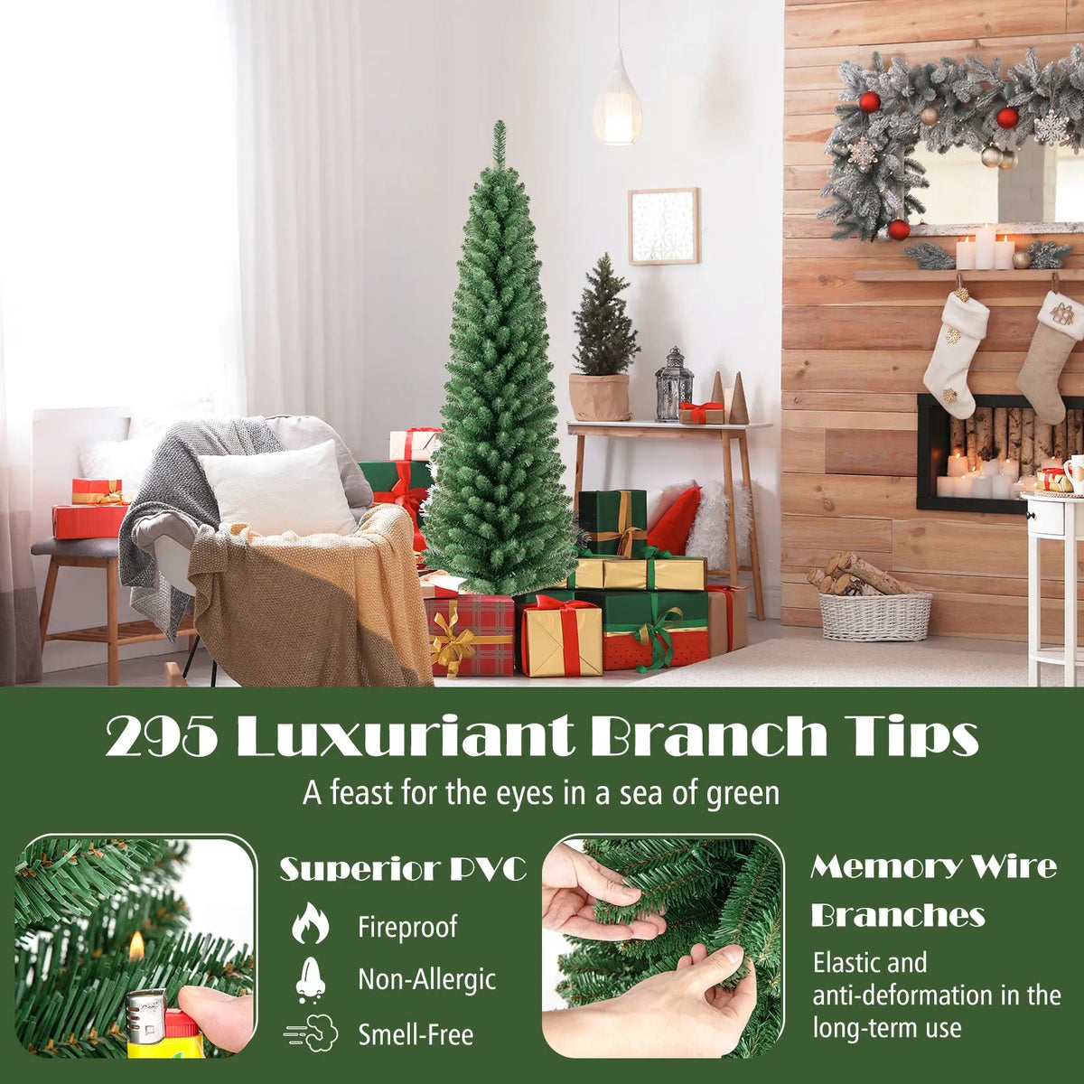Pencil Christmas Tree with Memory Wire Branch Tips and Warm LED Lights