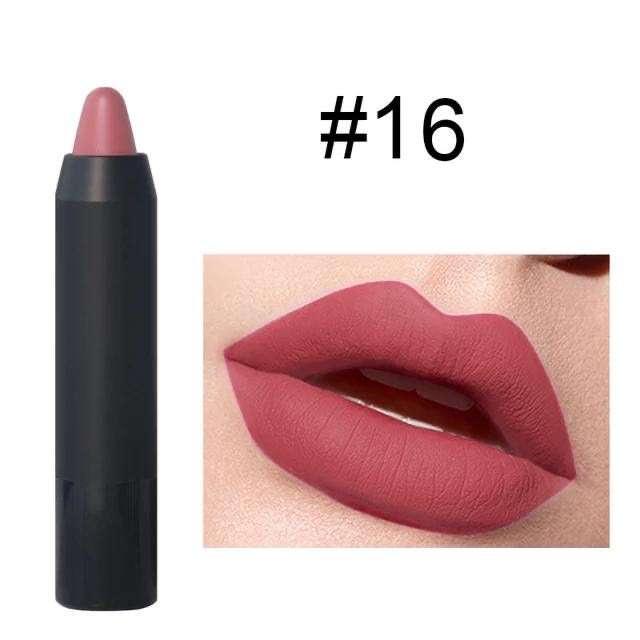 Hydrating lip crayon pencil, pink-red shade #16, with lip swatch and open tip