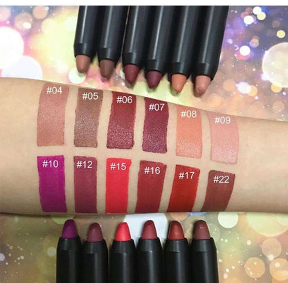 Lip crayon shade swatch chart with numbered colors and lipstick pencils