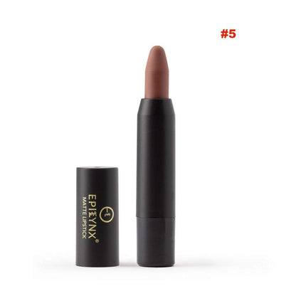 Lip crayon pencil shade #5, matte black tube with medium-brown balm stick