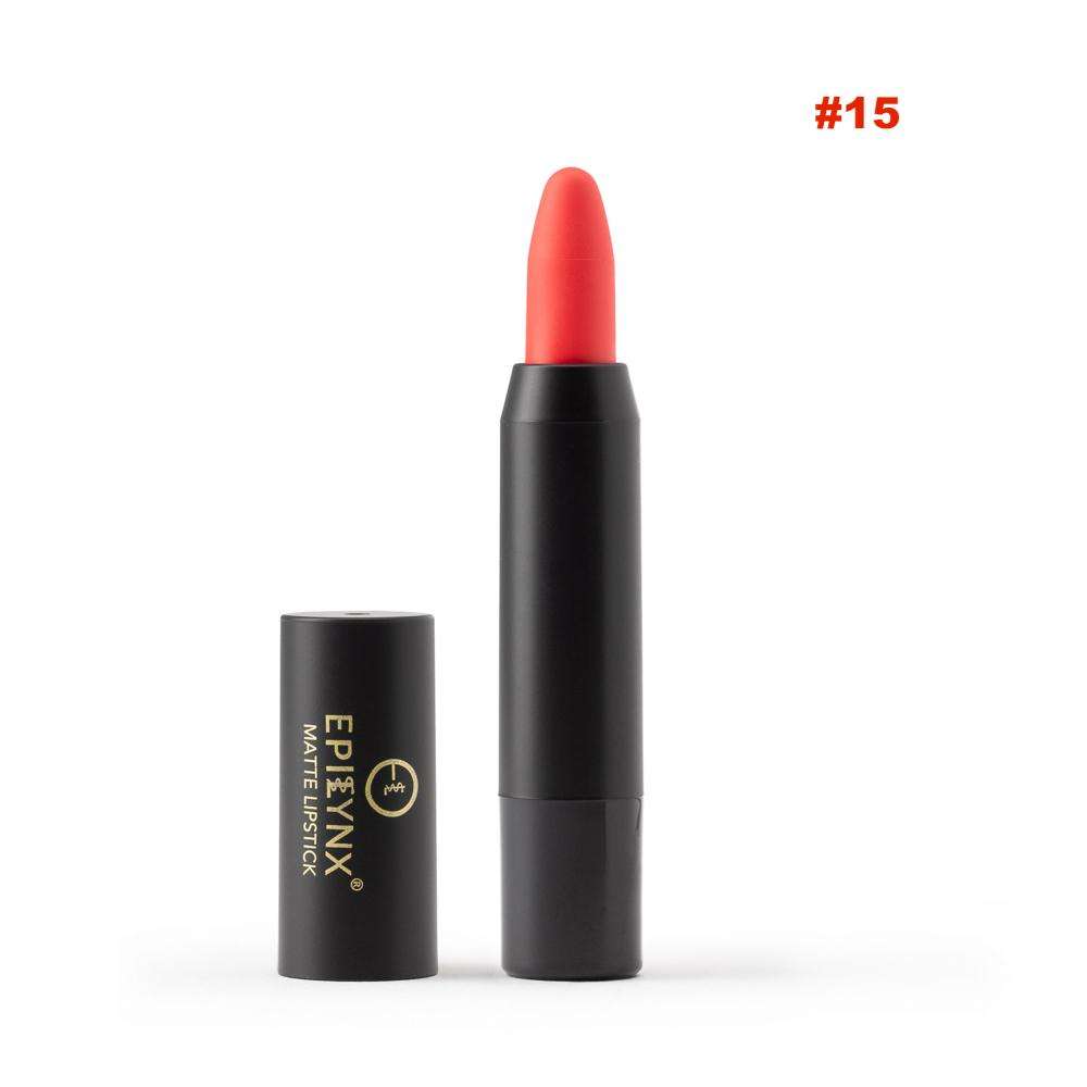 Hydrating lip crayon pencil, coral-red shade #15, with black cap and open tip
