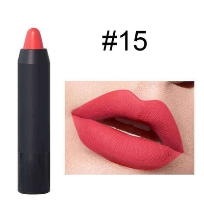 Hydrating lip crayon pencil, bold red shade #15, with lip swatch and open tip