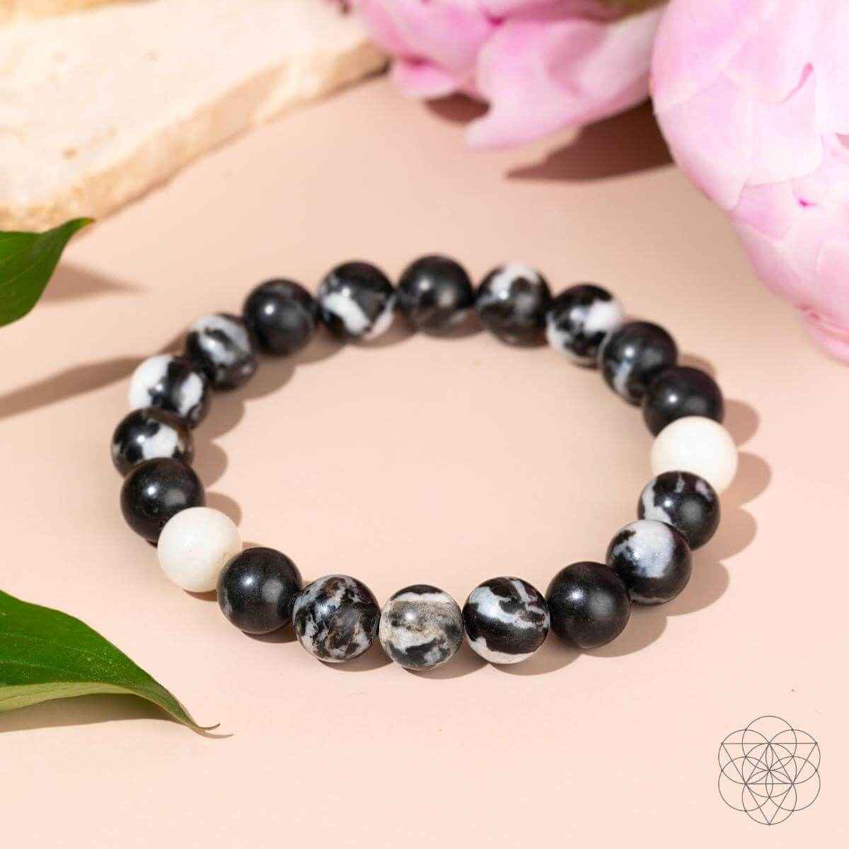 Zebra jasper beaded bracelet with black and white round stones, elastic string