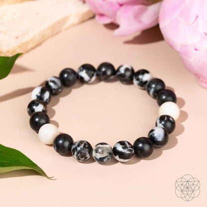 Zebra jasper beaded bracelet with black and white round stones, elastic string