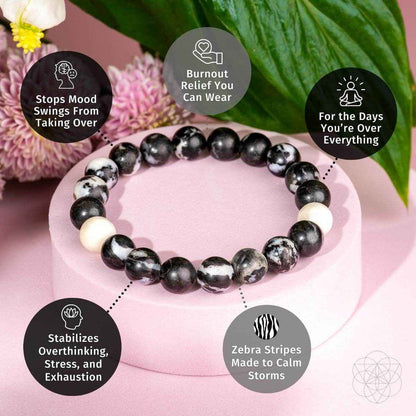 Zebra jasper bracelet with black and white beads, alternating stone patterns
