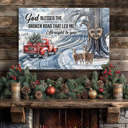 Personalized God Blessed The Broken Road Christmas Sign II Tailored Canvases 18x12 inch Medium Premium Gallery Wrapped 24x16 inch Large Premium Gallery Wrapped 36x24 inch Extra Large Premium Gallery Wrapped 18x12 inch Medium Premium Gallery Wrapped-24x16 inch Large Premium Gallery Wrapped-36x24 inch Extra Large Premium Gallery Wrapped-