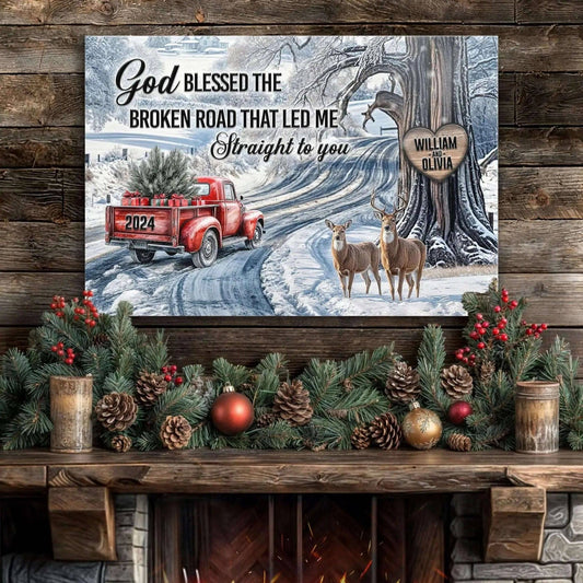 Personalized God Blessed The Broken Road Christmas Sign II Tailored Canvases 18x12 inch Medium Premium Gallery Wrapped 24x16 inch Large Premium Gallery Wrapped 36x24 inch Extra Large Premium Gallery Wrapped 18x12 inch Medium Premium Gallery Wrapped-24x16 inch Large Premium Gallery Wrapped-36x24 inch Extra Large Premium Gallery Wrapped-