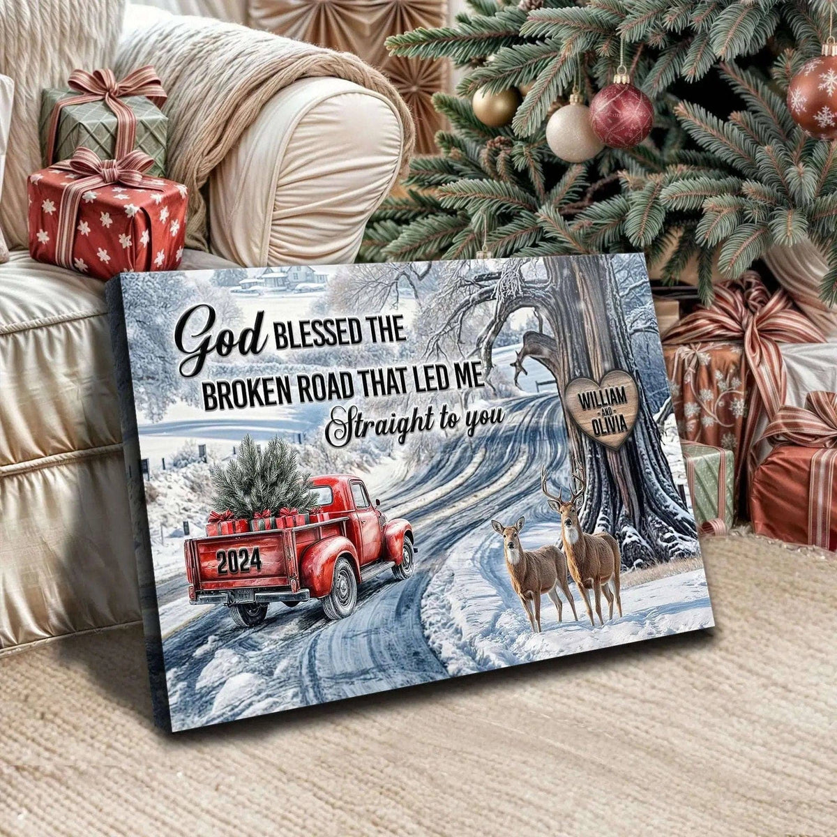 Personalized God Blessed The Broken Road Christmas Sign II Tailored Canvases 18x12 inch Medium Premium Gallery Wrapped 24x16 inch Large Premium Gallery Wrapped 36x24 inch Extra Large Premium Gallery Wrapped 18x12 inch Medium Premium Gallery Wrapped-24x16 inch Large Premium Gallery Wrapped-36x24 inch Extra Large Premium Gallery Wrapped-