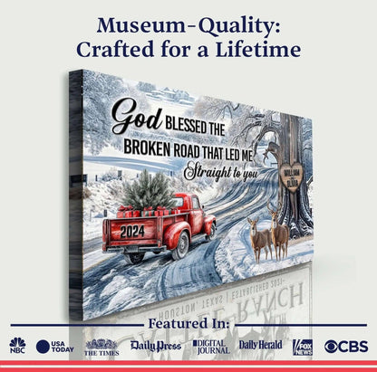 Personalized God Blessed The Broken Road Christmas Sign II Tailored Canvases 18x12 inch Medium Premium Gallery Wrapped 24x16 inch Large Premium Gallery Wrapped 36x24 inch Extra Large Premium Gallery Wrapped 18x12 inch Medium Premium Gallery Wrapped-24x16 inch Large Premium Gallery Wrapped-36x24 inch Extra Large Premium Gallery Wrapped-