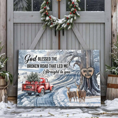 Personalized God Blessed The Broken Road Christmas Sign II Tailored Canvases 18x12 inch Medium Premium Gallery Wrapped 24x16 inch Large Premium Gallery Wrapped 36x24 inch Extra Large Premium Gallery Wrapped 18x12 inch Medium Premium Gallery Wrapped-24x16 inch Large Premium Gallery Wrapped-36x24 inch Extra Large Premium Gallery Wrapped-