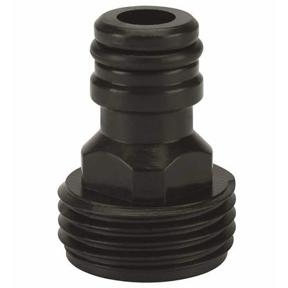 Black plastic hose adapter fitting with rubber seal