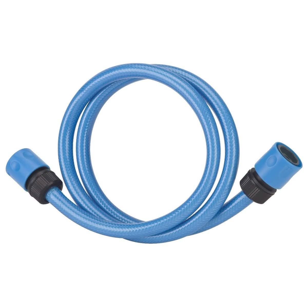 Blue flexible hose with two connector ends for pet washing
