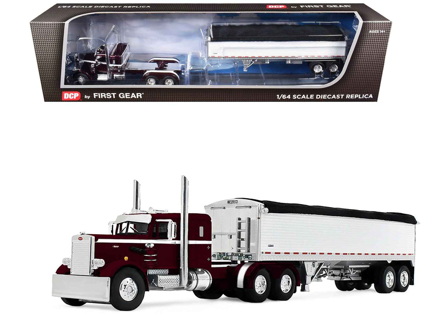 Peterbilt 351 with 36" Sleeper and 34' Wilson Pacesetter Grain Trailer Dark Cherry with White Stripes 1/64 Diecast Model by DCP/First Gear Miniature Motors Default Title Default Title-
