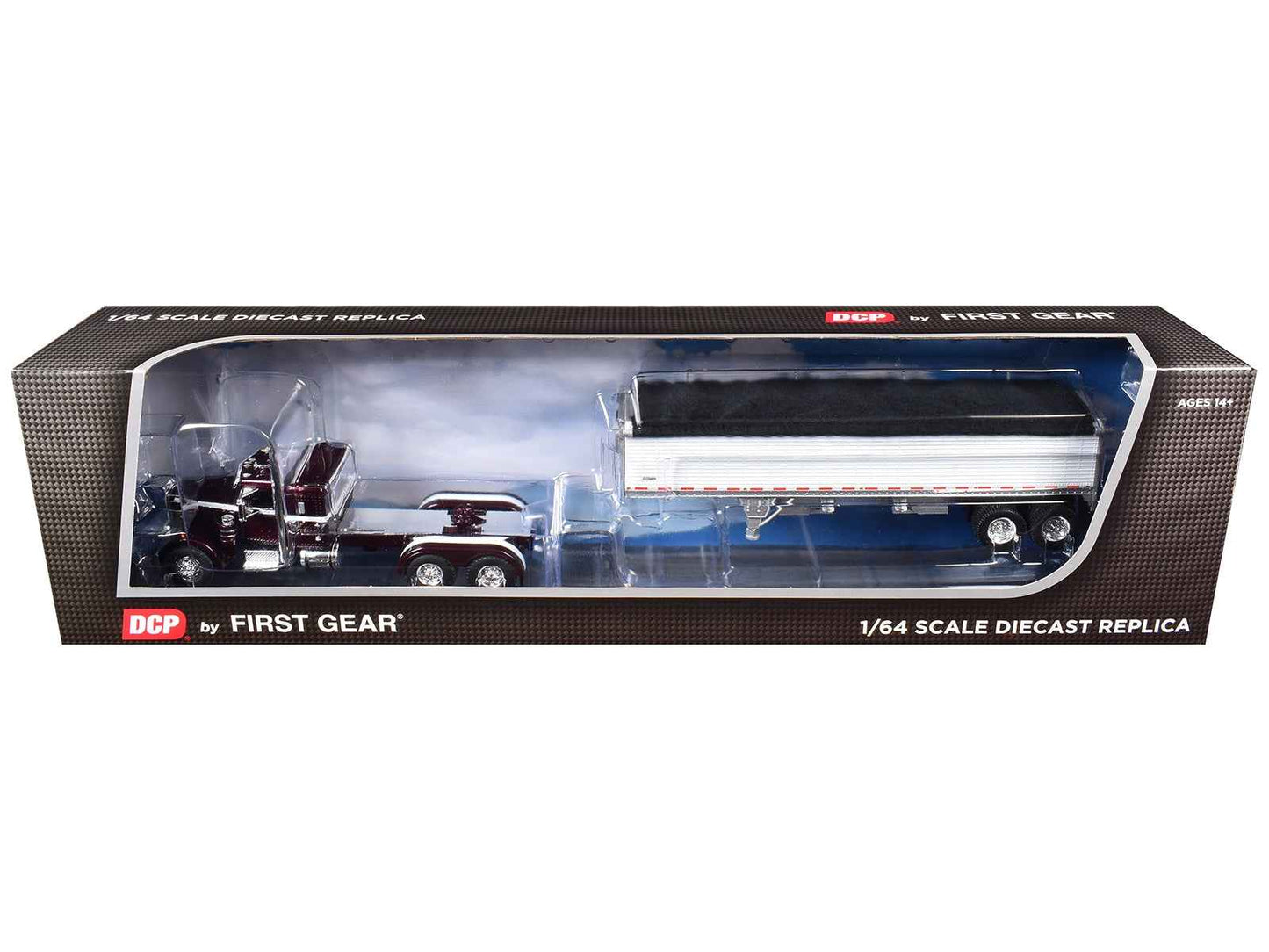 Peterbilt 351 with 36" Sleeper and 34' Wilson Pacesetter Grain Trailer Dark Cherry with White Stripes 1/64 Diecast Model by DCP/First Gear Miniature Motors Default Title Default Title-