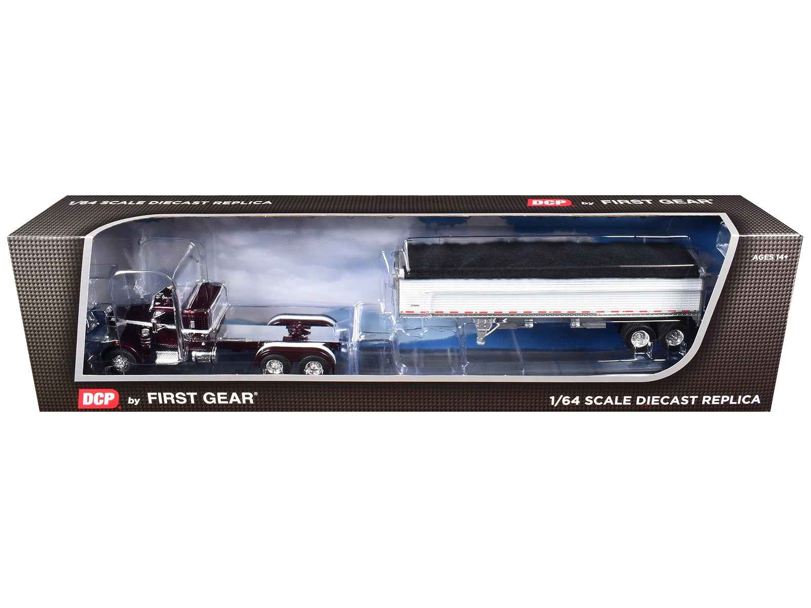 Peterbilt 351 with 36" Sleeper and 34' Wilson Pacesetter Grain Trailer Dark Cherry with White Stripes 1/64 Diecast Model by DCP/First Gear Miniature Motors Default Title Default Title-