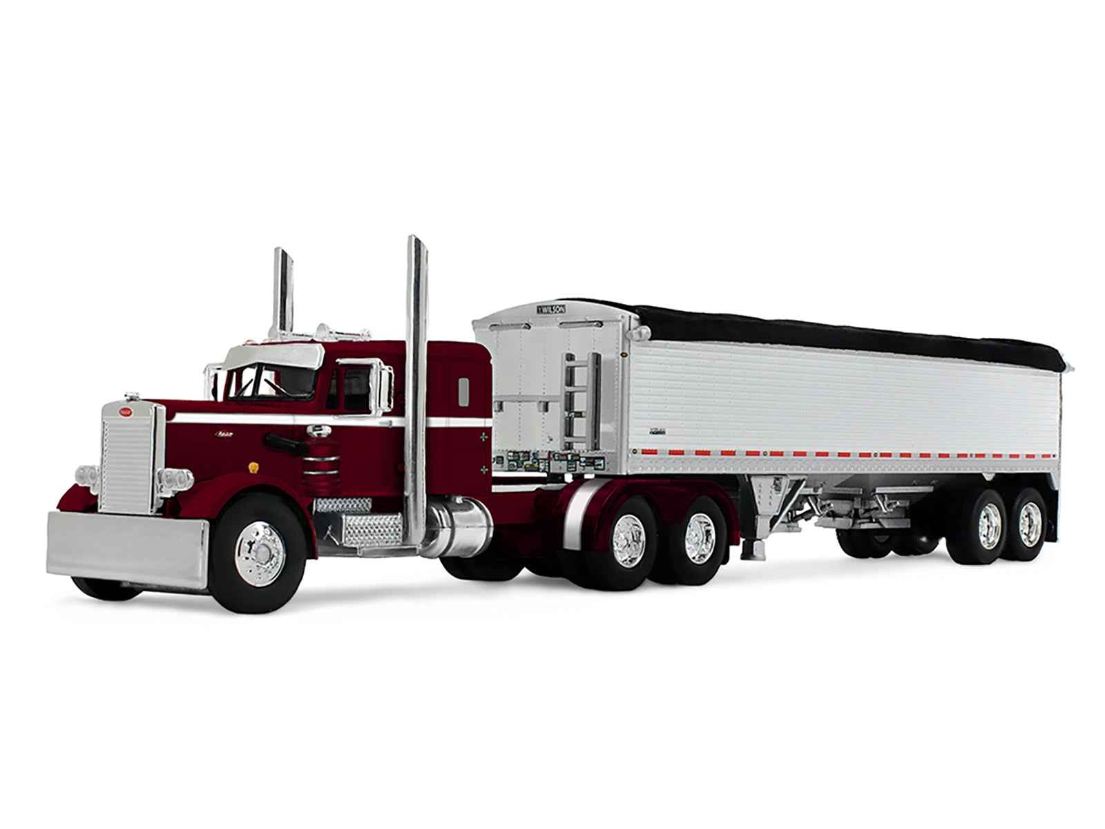 Peterbilt 351 with 36" Sleeper and 34' Wilson Pacesetter Grain Trailer Dark Cherry with White Stripes 1/64 Diecast Model by DCP/First Gear Miniature Motors Default Title Default Title-