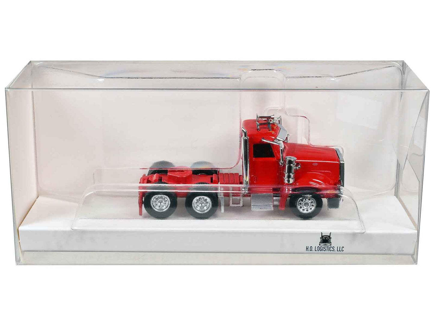 Red Peterbilt 367 day cab HO scale plastic model truck, 1/87, display case included