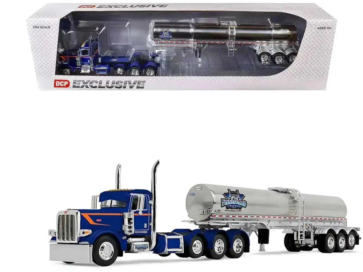 Peterbilt 389 Tri-Axle Day Cab and Walker Food Grade Tank Trailer "Finnesgard Trucking" Blue with Orange Stripes 1/64 Diecast Model by DCP/First Gear Cartsfy Inc.