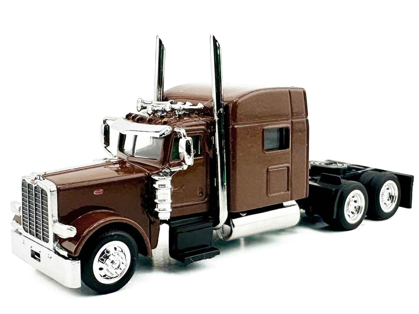 Brown metallic sleeper-cab truck tractor model with chrome steps and dual rear axles