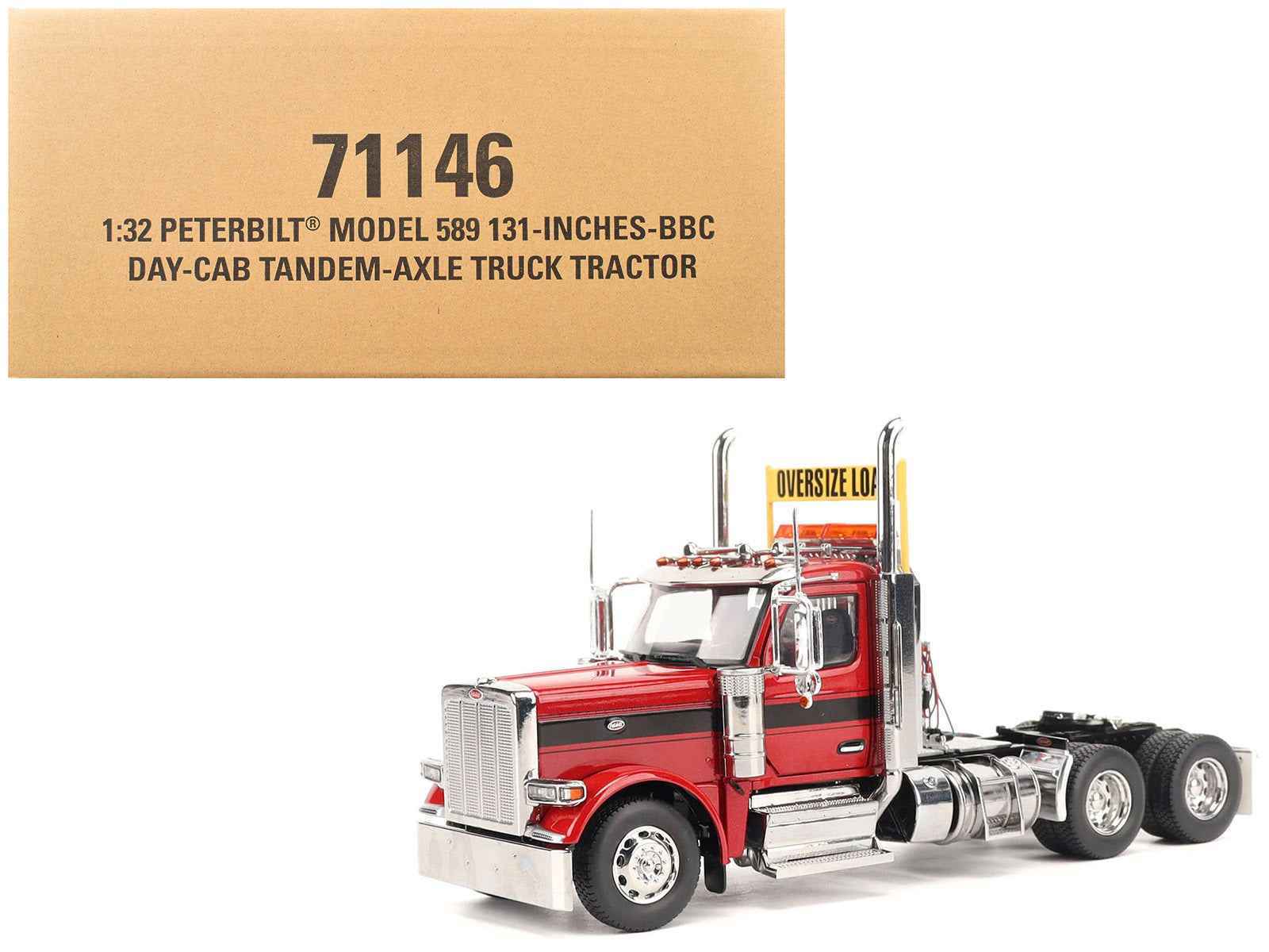 Red Peterbilt 589 day-cab tandem-axle truck tractor 1/32 diecast model, chrome details