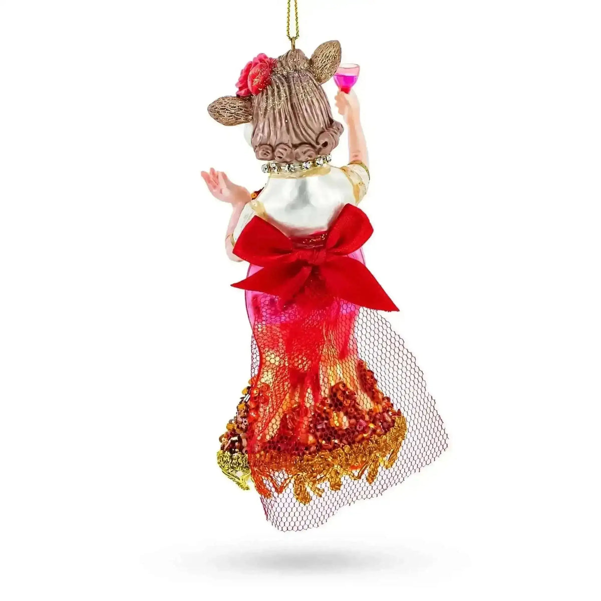 Pink-Dressed Cow with Wine Glass  Christmas Ornament Cartsfy Inc.