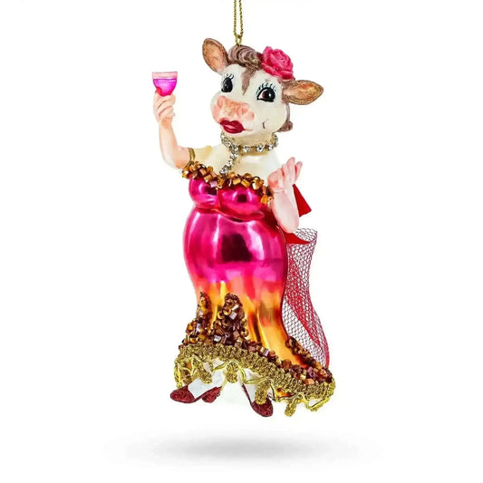 Pink-Dressed Cow with Wine Glass  Christmas Ornament Cartsfy Inc.